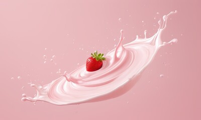 Strawberry Splash: A single, vibrant strawberry rests atop a swirling splash of pink milk, creating a visually striking and delicious image. This vibrant composition evokes a sense of freshness.