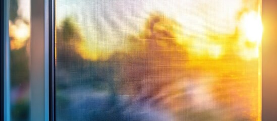 Insect screen on a window providing a blurred view of sunset while enhancing home safety and protection against pests