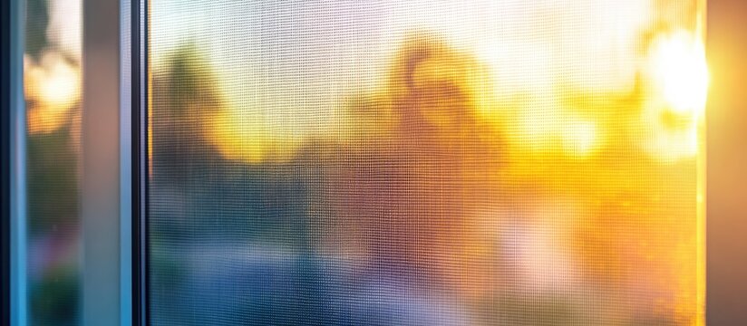 Insect screen on a window providing a blurred view of sunset while enhancing home safety and protection against pests