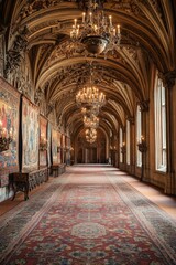 Obraz premium Ornate hallway, tapestries, chandeliers, arched ceiling.