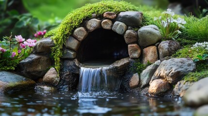 Tranquil stone cave with cascading water surrounded by lush greenery and vibrant flowers in a serene natural setting.