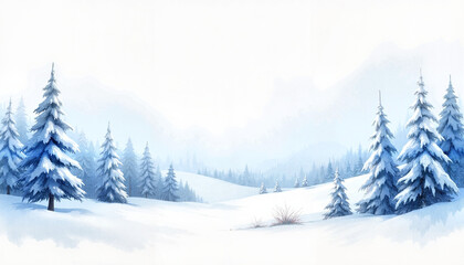 Fototapeta premium Watercolor winter landscape with snow-covered trees and blue sky.