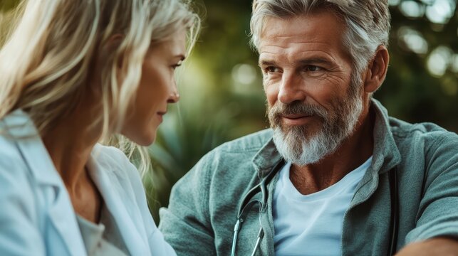 An older man and woman sit closely engaging in a heartfelt discussion, while surrounded by a serene outdoor setting with lush green backgrounds.