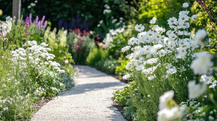 White flowers blooming in a vibrant garden pathway surrounded by lush greenery and colorful blooms in sunlight