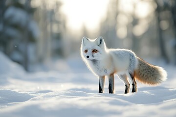 White fox in snowy forest under soft light