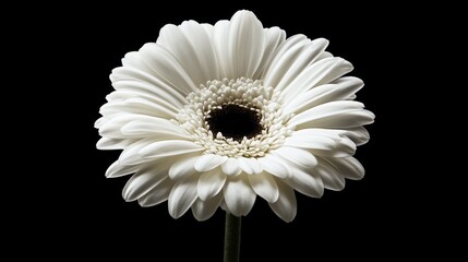 Elegant white flower portrait isolated against a sleek black background showcasing delicate petals and intricate details.