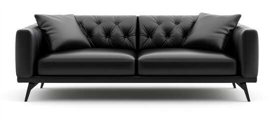 Elegant black leather sofa with plush cushions designed for relaxation on a minimalist white backdrop ideal for furniture showcases