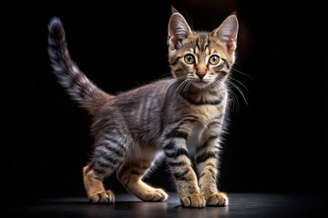 Obraz premium Silhouette of Playful Grey Striped Farm Cat - Studio Black Background