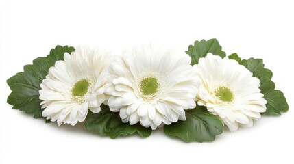 Obraz premium Elegant trio of white gerbera daisies arrangement with lush green leaves on a pristine white background for floral design concepts.