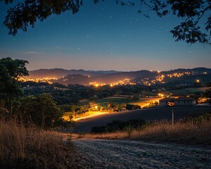 Obraz premium The Brazilian countryside at night, with sprawling farmland, distant cities glowing in the darkness, and a calm, peaceful atmosphere