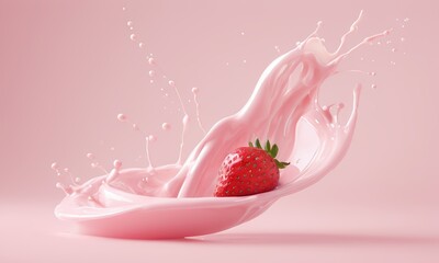 Strawberry Splash: A single, juicy strawberry bursts through a wave of pink milk, creating a dynamic and vibrant splash that evokes the refreshing taste of a summery treat.  