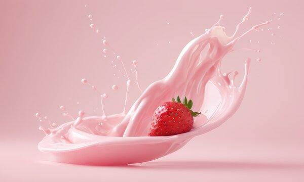 Strawberry Splash: A single, juicy strawberry bursts through a wave of pink milk, creating a dynamic and vibrant splash that evokes the refreshing taste of a summery treat.  