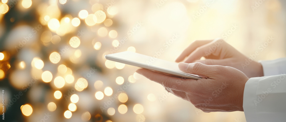 Poster hands holding tablet device with blurred background of lights, creating warm and inviting atmosphere