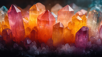 vibrant arrangement of colorful crystals glowing with radiant hues and intricate details