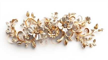 Intricate golden floral ornament with swirling patterns, isolated on a clean white background, ideal for elegant designs