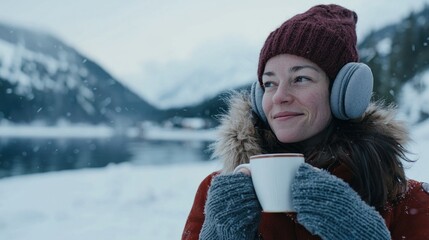 A woman in winter clothing, wearing earmuffs and holding a cup of hot cocoa while standing in a snowy landscape.