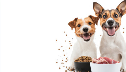 Two happy dogs posing with bowls of food and meat, showcasing their joy and excitement for mealtime. Their playful expressions highlight bond between pets and their owners
