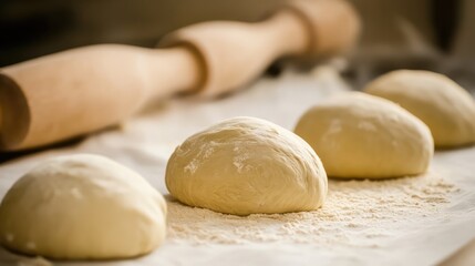 Fototapeta premium Baguette Dough Balls Ready for Baking on a Flour-Dusted Surface with a Rolling Pin in the Background