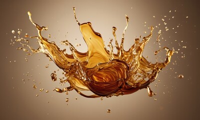 Amber Liquid Splash: Dynamic splash of amber liquid, showcasing its texture and movement against a neutral background.  Perfect for beverage, cosmetics, or abstract designs.