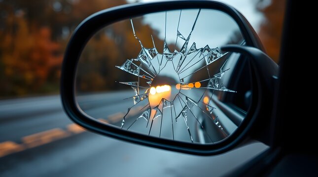 Close up view of a shattered or broken car side view mirror reflecting vehicle lights during an autumn drive