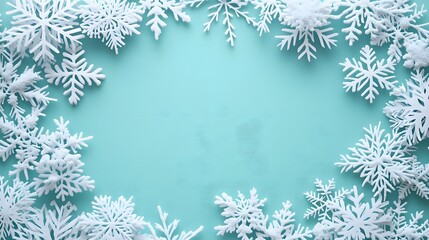 Snowflakes crafted from white paper form a delicate 3D pattern on a soft mint green background, creating a festive frame that captures the essence of winter holiday design.