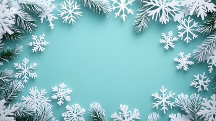 Snowflakes crafted from white paper form a delicate 3D pattern on a soft mint green background, creating a festive frame that captures the essence of winter holiday design.