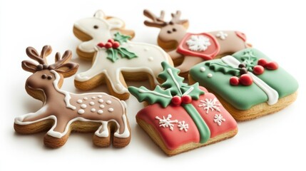 A beautifully decorated set of Christmas cookies featuring reindeer, holly leaves, and presents, adorned with vibrant icing, isolated on white