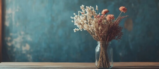Dried flower arrangement in a clear glass jar on rustic wooden table with vintage background ideal for decoration and textual overlay