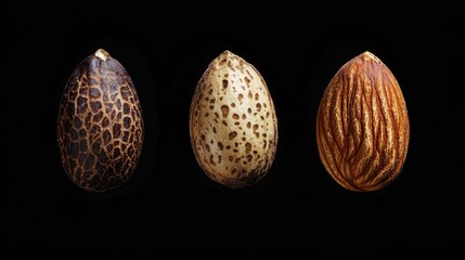 Almond seeds and nuts on black background showcasing intricate texture and patterns in high resolution with multi-focus detail