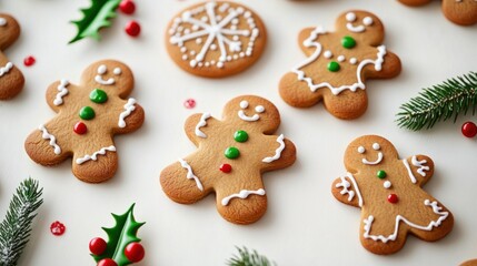 A beautifully decorated set of holiday cookies featuring gingerbread men, stars, and holly leaves, with bright sugar details, on white