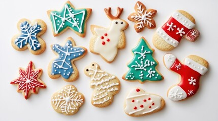 Obraz premium A cheerful collection of Christmas cookies in shapes like stars, reindeer, and mittens, decorated with vibrant frosting, on white