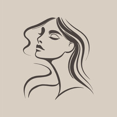 Minimalist line art of a serene woman with flowing hair, beige background