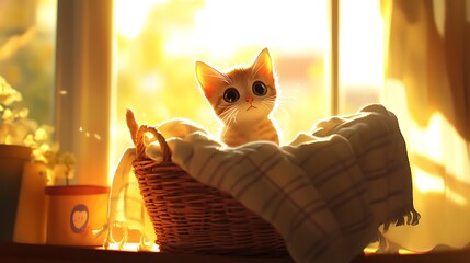 A tiny kitten exploring a basket filled with soft blankets in a sunlit room 