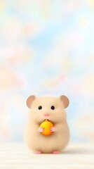 Illustration of a fluffy hamster holding a piece of fruit, sitting on a soft pastel gradient background.