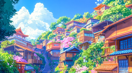 Fototapeta premium Vibrant and Colorful Fantasy Anime Village Landscape Background or Wallpaper