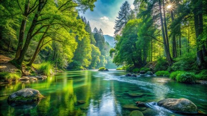 Obraz premium Panoramic View of a Serene River Flowing Through a Lush Green Forest, Capturing Nature's Tranquility and Vibrant Ecosystem for Outdoor Enthusiasts and Nature Lovers