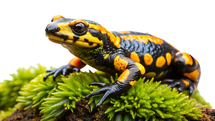 Fototapeta premium a fire salamander sitting on a mossy rock isolated on a white background PNG.AI GENERATED