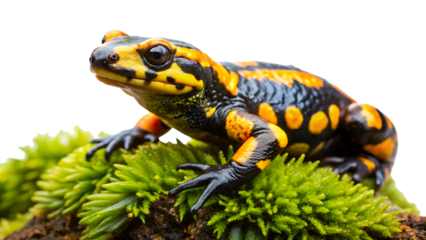 a fire salamander sitting on a mossy rock isolated on a white background PNG.AI GENERATED
