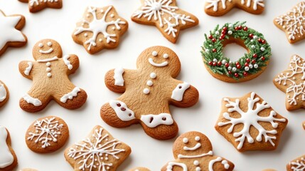 A cheerful variety of cookies with festive sugar details, including gingerbread men, wreaths, and stars, on a white background