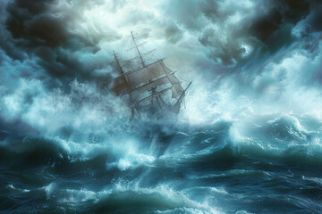 Terrifying scary sea monster in dark depths of deep ocean