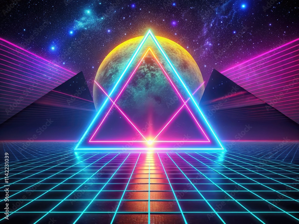 Poster geometric neon triangles pulse, a vibrant synthwave grid backdrop in dazzling retro style.