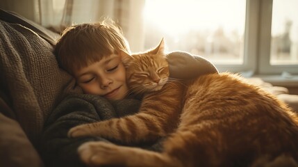 A young boy hugging his cat on a couch with warm sunlight streaming through the windows 