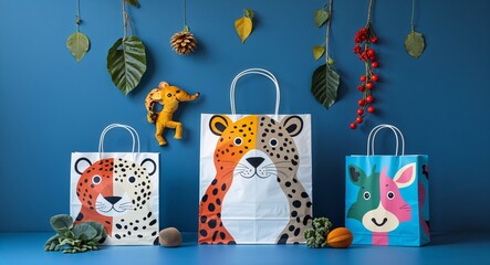 colorful animal print paper bag on blue background