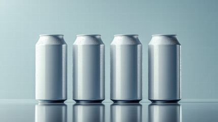 Minimalist shot of blank aluminum cans with condensation on reflective surface