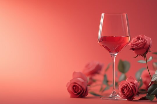 Glass of rose wine and some roses on a red background, with copy space to the left
