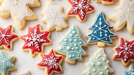 Fototapeta premium A colorful assortment of holiday cookies featuring Christmas trees, snowflakes, and stars with intricate icing, on white