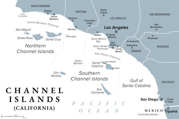 Naklejka premium Channel Islands of California, gray political map. Eight-island archipelago in the Pacific, southwest of Los Angeles metropolitan area, administered by counties Santa Barbara, Ventura and Los Angeles.