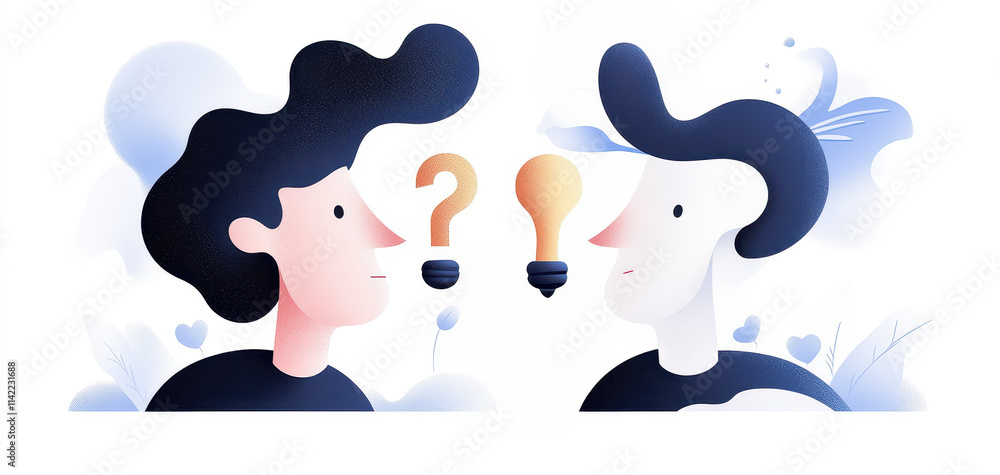 Aufkleber creative teamwork illustration showing two figures exchanging ideas with light bulbs and question ma