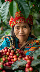 Woman from northern Thai ethnic groups harvest coffee