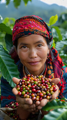 Woman from northern Thai ethnic groups harvest coffee